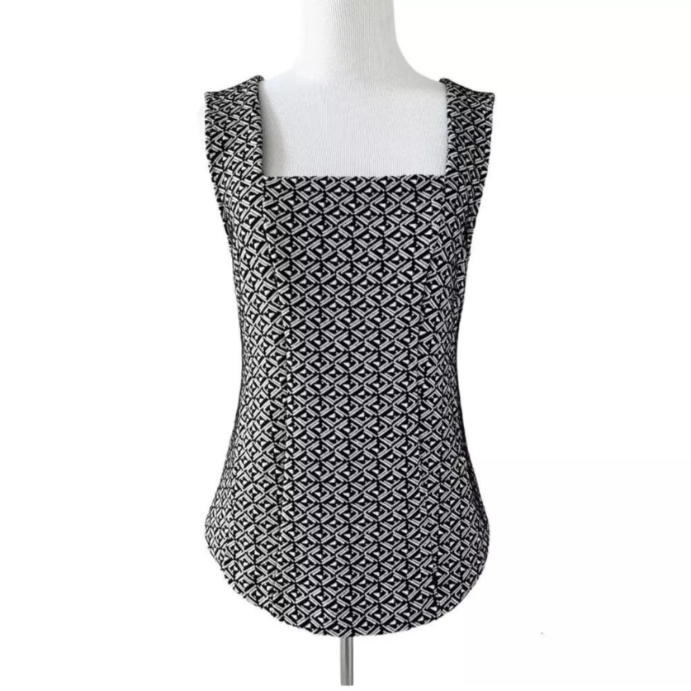 Geometric Structured Square Neck Fitted Black Whi… - image 3